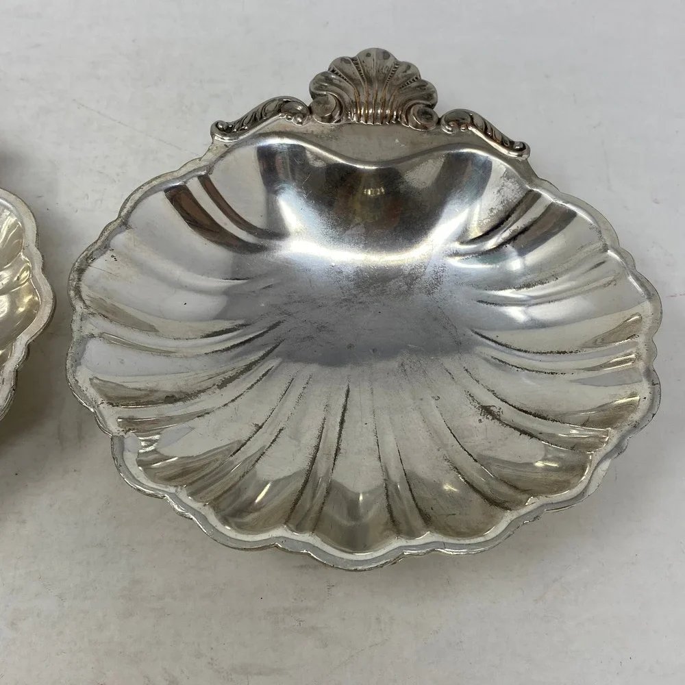 Vintage Silver Tone Scallop Shell Trinket Dish Set of 2 Footed Catchall 6in